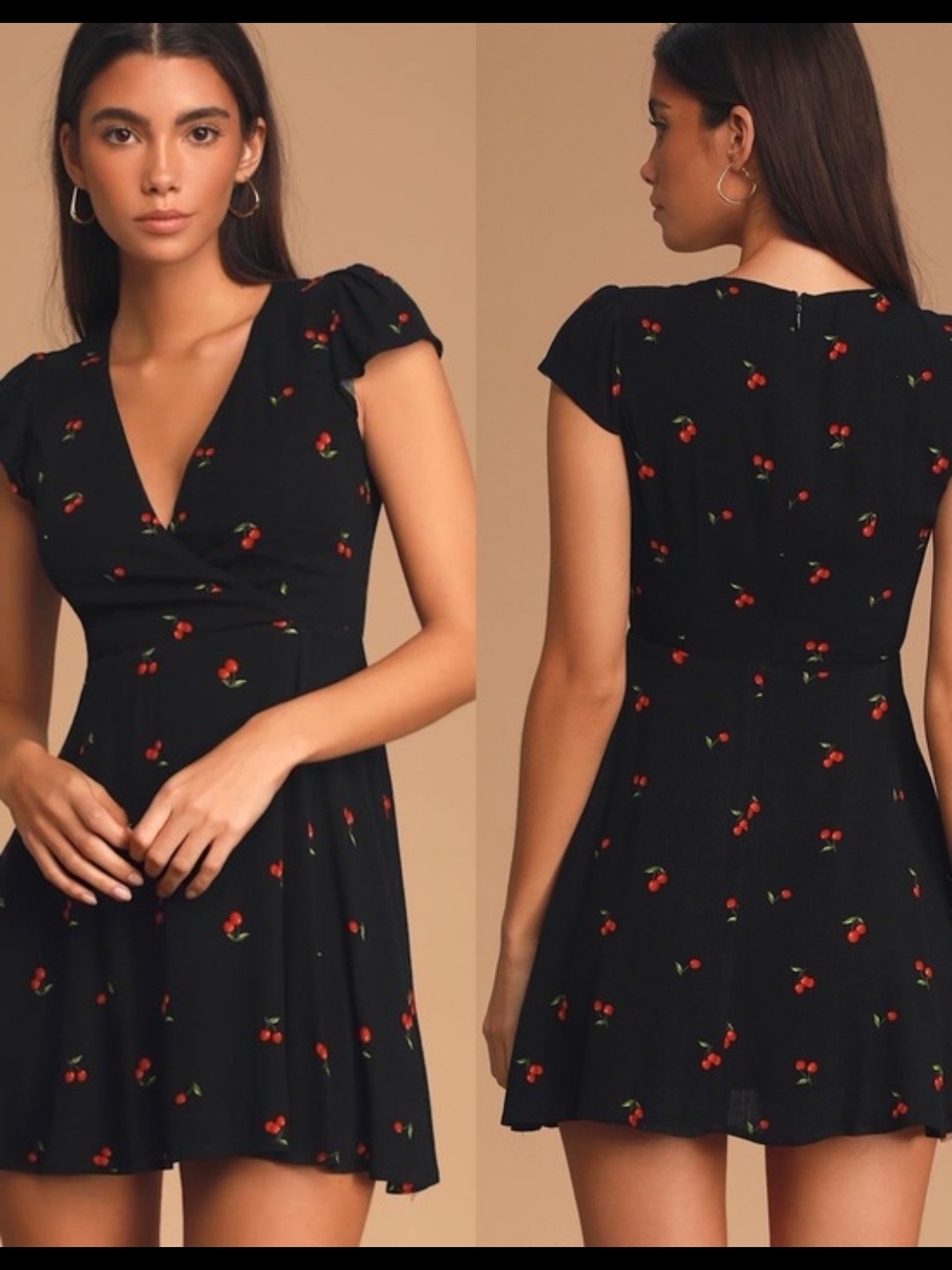 Lulu's Black Cherry-Print V-Neck Mini Dress